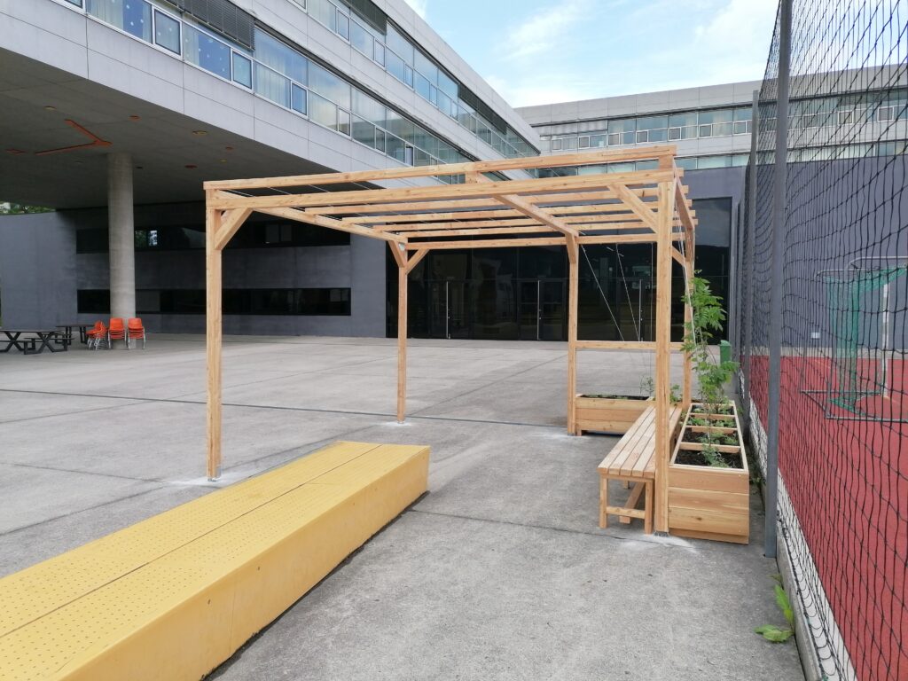 Im Bild ist ein betonierter Schulhof zu sehen, auf dem eine frisch gebaute und bepflanzte Pergola mit Sitzbank und Hochbeeten aus Holz steht.