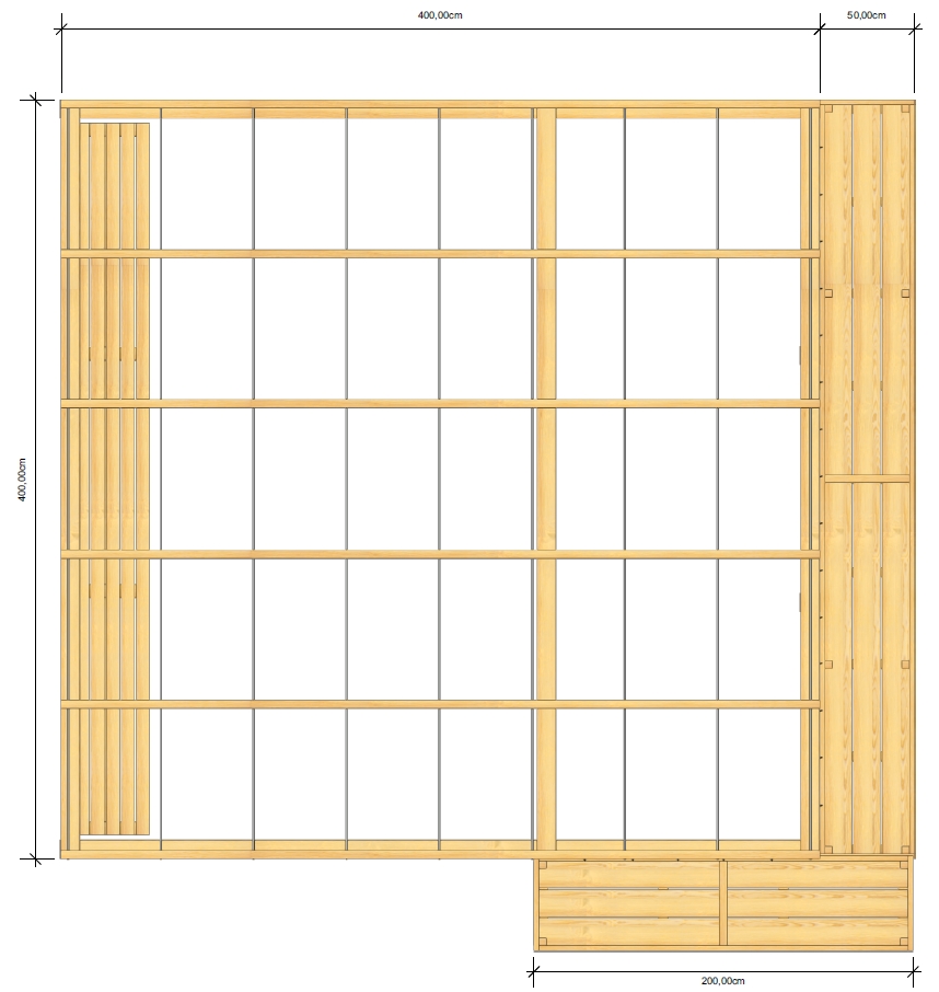 Im Bild ist eine Holzpergola mit Hochbeeten und Sitzbank aus der Vogelperspektive zu sehen.