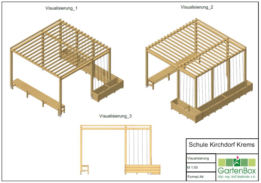 Im Bild sind drei Ansichten einer computergezeichneten Visualisierung einer Holzpergola mit Hochbeeten und Sitzbank zu sehen