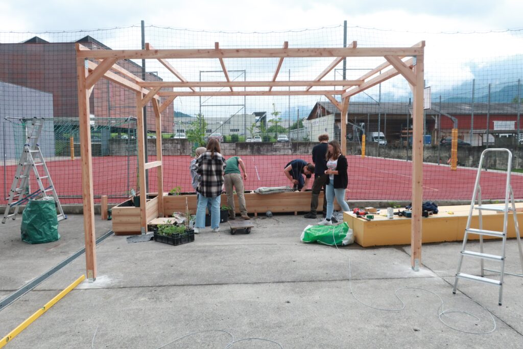 Im Bild sind Schüler*innen zu sehen, die Pflanzarbeiten an einer Pergola mit Hochbeeten und Rankhilfe durchführen.