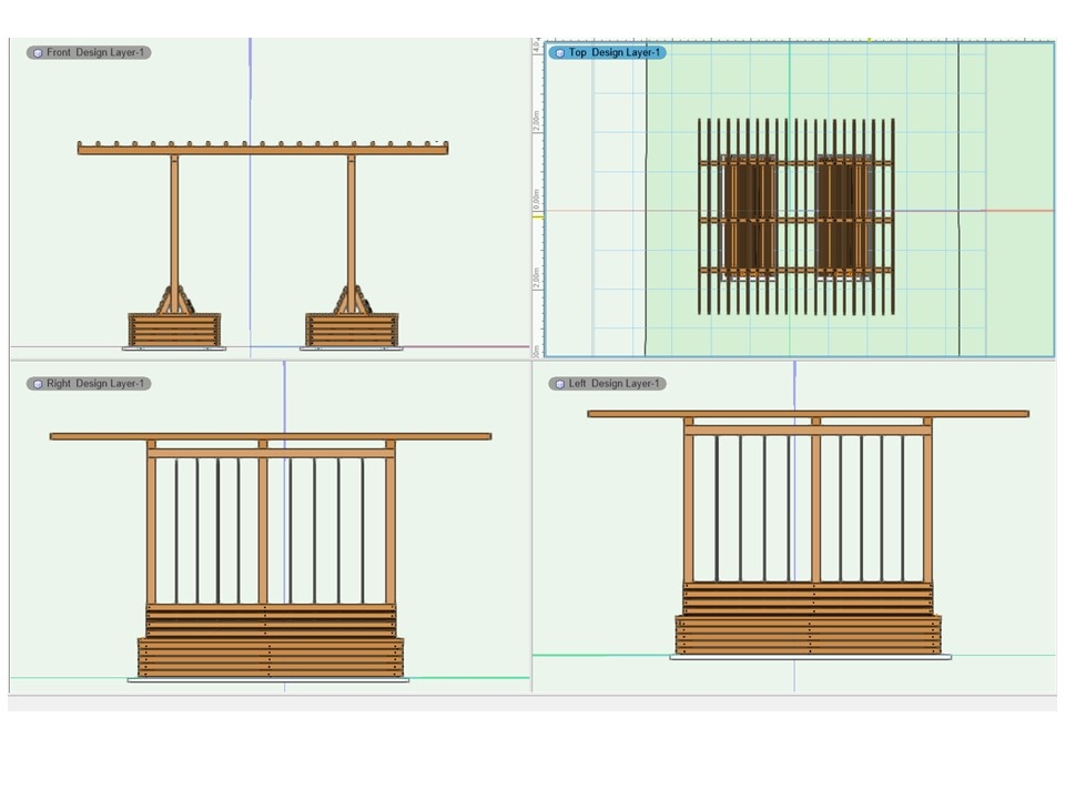 Im Bild sind vier Ansichten einer Pergola-Sitzkonstruktion aus Holz mit Rankhilfe zu sehen.