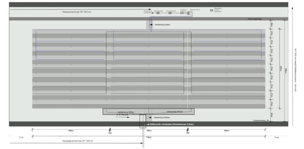 Im Bild ist ein Plan einer Grünwand mit Bewässerungskreisläufen zu sehen.