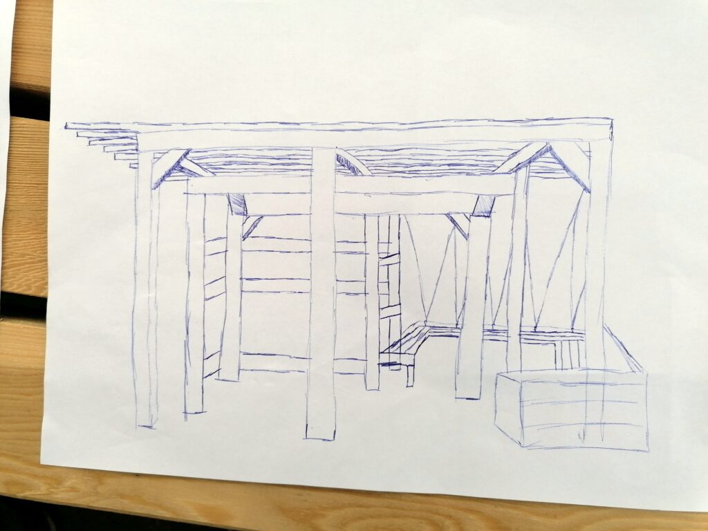 Im Bild ist eine handgezeichnete 3D-Ansicht einer Pergola mit Hochbeeten und Sitzbänken zu sehen.