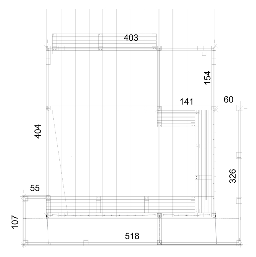 Im Bild ist ein computergezeichneter Grundriss einer Pergola mit Hochbeeten und Sitzbänken zu sehen.