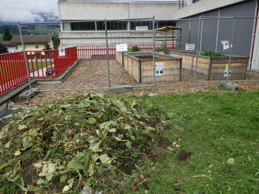 Im Bild sind bepflanzte Hochbeete und ein Haufen mit Schnittgut an einer Schule zu sehen.