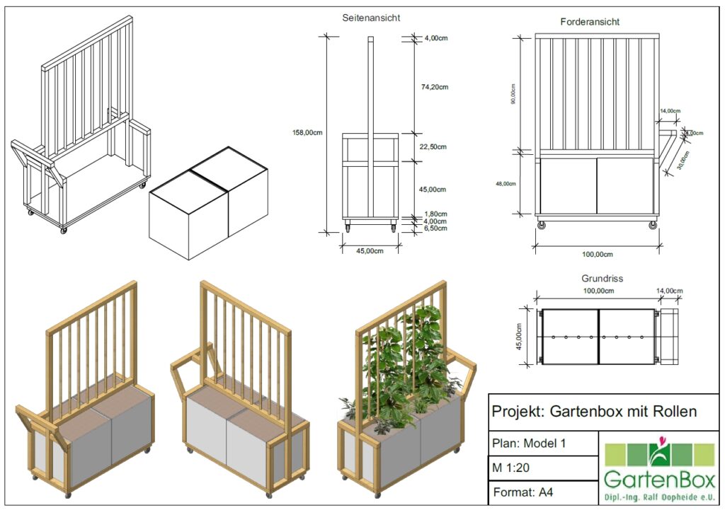 Im Bild sind verschiedene Ansichten und Visualisierungen eines mobilen Pflanztroges mit Rankhilfe aus Holz zu sehen.