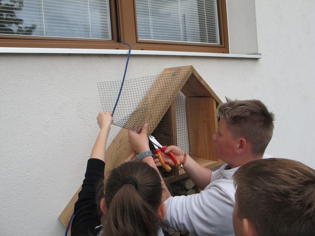 Im Bild sind Schüler*innen zu sehen, die ein Gitter an einem Insektenhotel montieren.